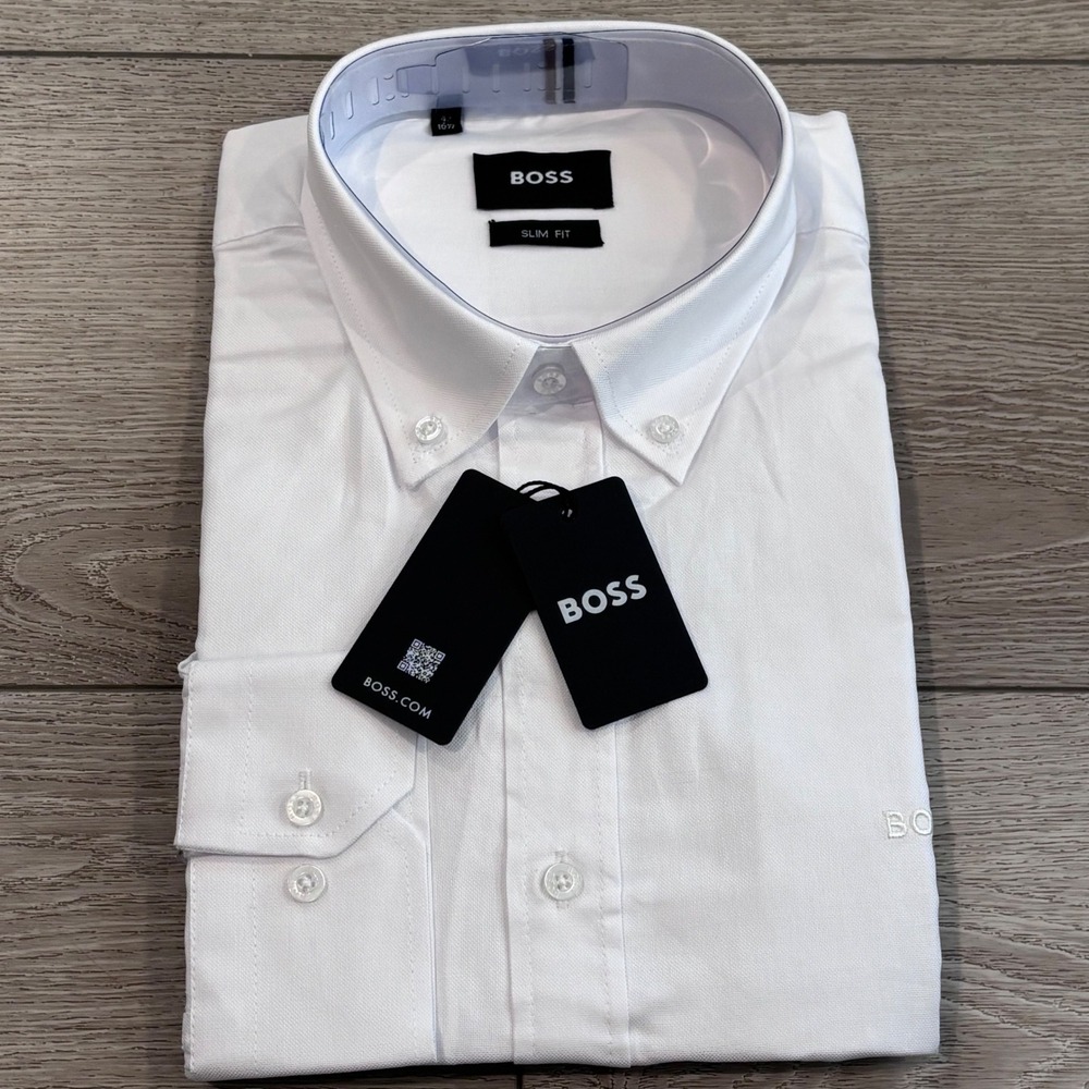 BOSS Dress Shirt Mens 16.5 White Slim Fit P-HANK Long Sleeve Cotton Business New